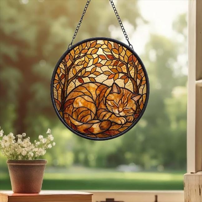 Custom British Shorthair  Cat Sleeping Stained Glass Suncatcher: Cat Lover Gift