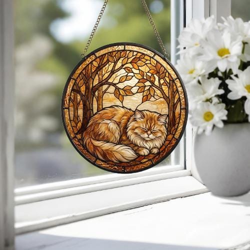 Custom Persian  Cat Sleeping Stained Glass Suncatcher: Cat Lover Gift - image 3