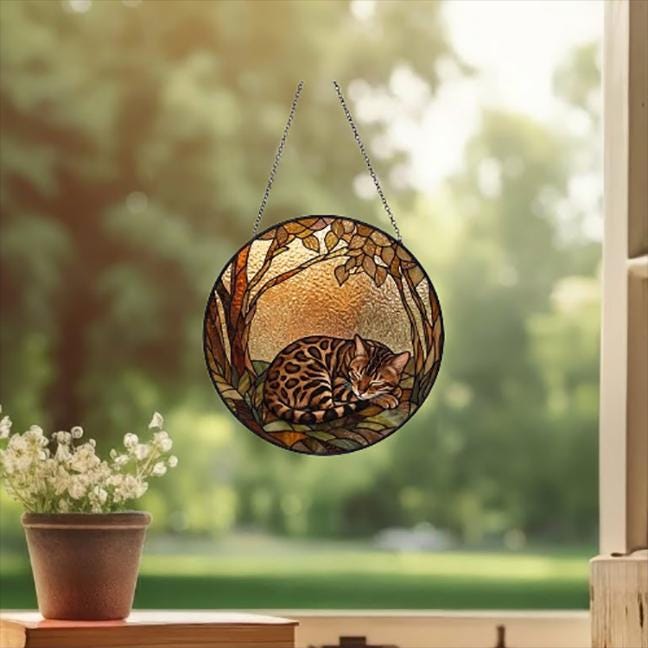 Custom Bengal  Cat Sleeping Stained Glass Suncatcher: Cat Lover Gift