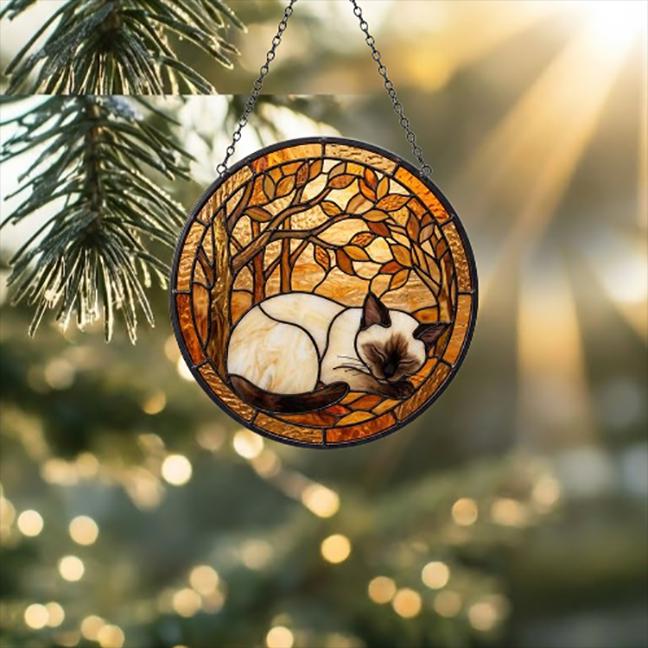 Custom Siamese  Cat Sleeping Stained Glass Suncatcher: Cat Lover Gift