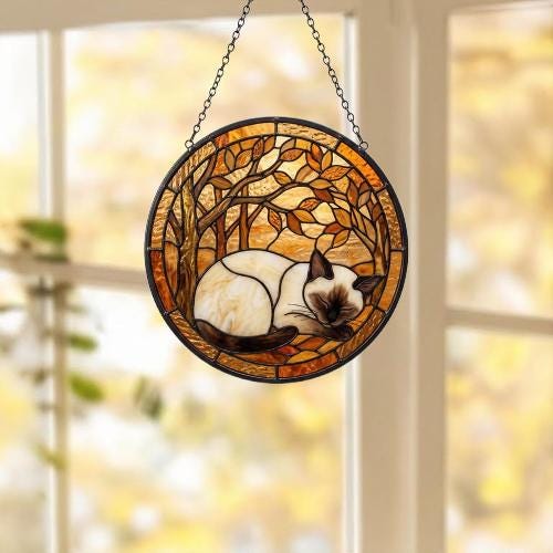 Custom Siamese  Cat Sleeping Stained Glass Suncatcher: Cat Lover Gift - image 5