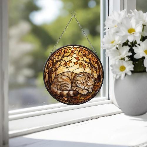 Custom Scottish Fold   Cat Sleeping Stained Glass Suncatcher: Cat Lover Gift - image 3