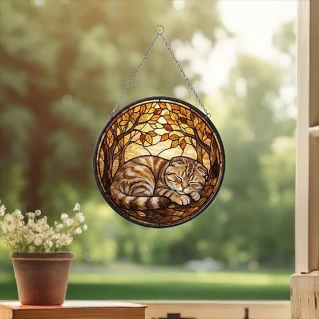Custom Scottish Fold   Cat Sleeping Stained Glass Suncatcher: Cat Lover Gift