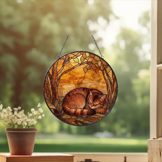 Custom Abyssinian  Cat Sleeping Stained Glass Suncatcher: Cat Lover Gift