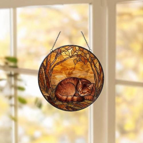 Custom Abyssinian  Cat Sleeping Stained Glass Suncatcher: Cat Lover Gift - image 5
