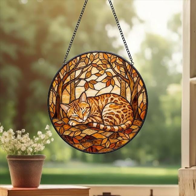 Custom Egyptian Mau  Sleeping Stained Glass Suncatcher: Cat Lover Gift