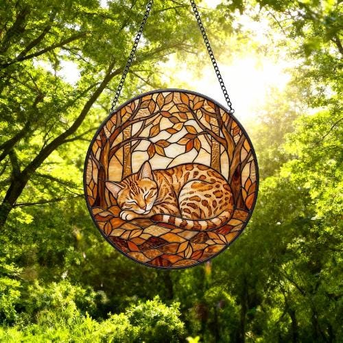Custom Egyptian Mau  Sleeping Stained Glass Suncatcher: Cat Lover Gift - image 4