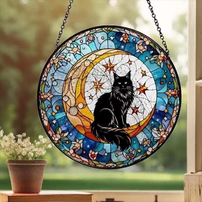 Custom Maine Coon Cat On Moon Glass Suncatcher: Black Cat Lover Gift