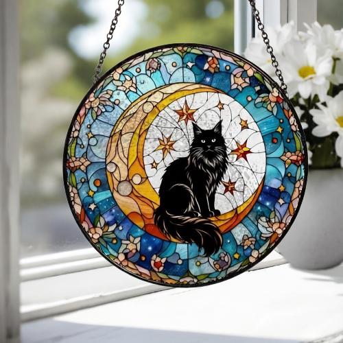 Custom Maine Coon Cat On Moon Glass Suncatcher: Black Cat Lover Gift - image 3