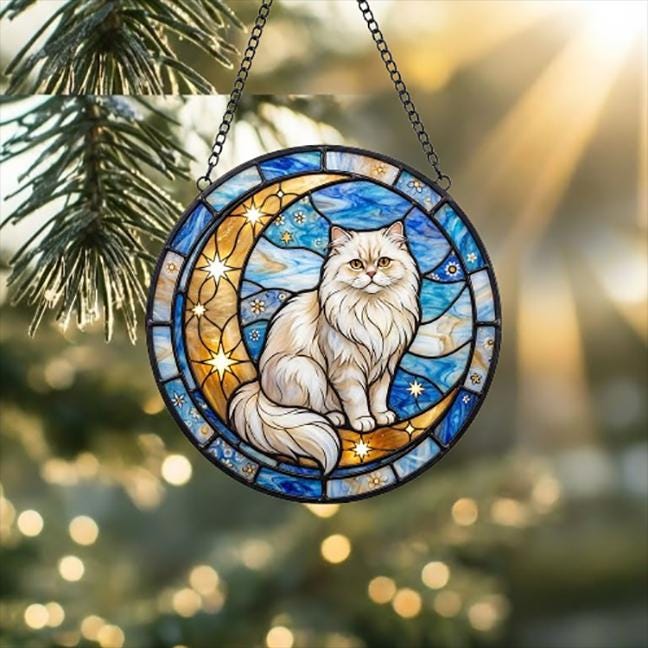 Custom Persian  Cat On Moon Glass Suncatcher: Cat Lover Gift