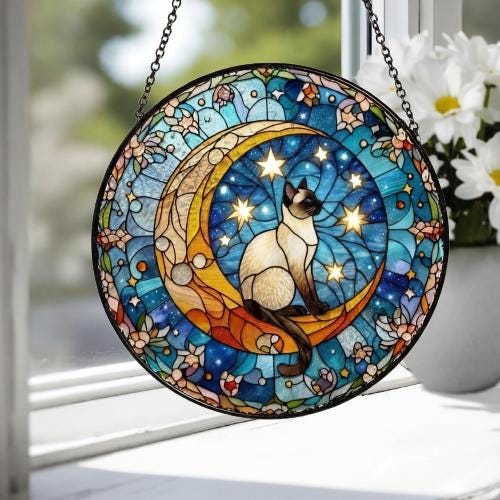 Custom Siamese  Cat On Moon Glass Suncatcher: Cat Lover Gift - image 3