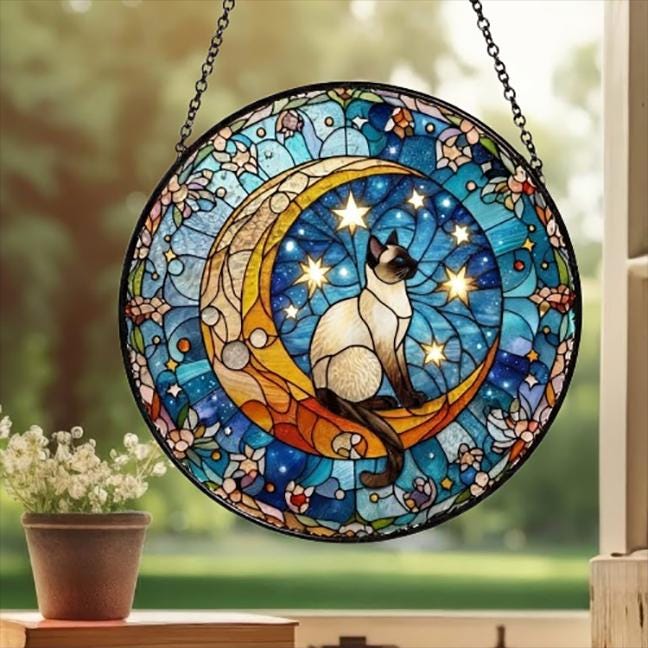 Custom Siamese  Cat On Moon Glass Suncatcher: Cat Lover Gift