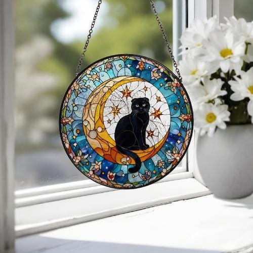 Custom Scottish Fold Cat On Moon Glass Suncatcher: Black Cat Lover Gift - image 4