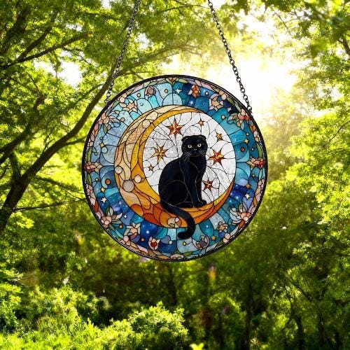 Custom Scottish Fold Cat On Moon Glass Suncatcher: Black Cat Lover Gift - image 5