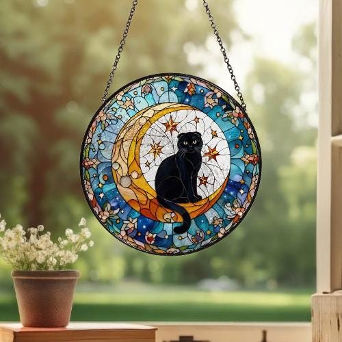 Custom Scottish Fold Cat On Moon Glass Suncatcher: Black Cat Lover Gift - image 3