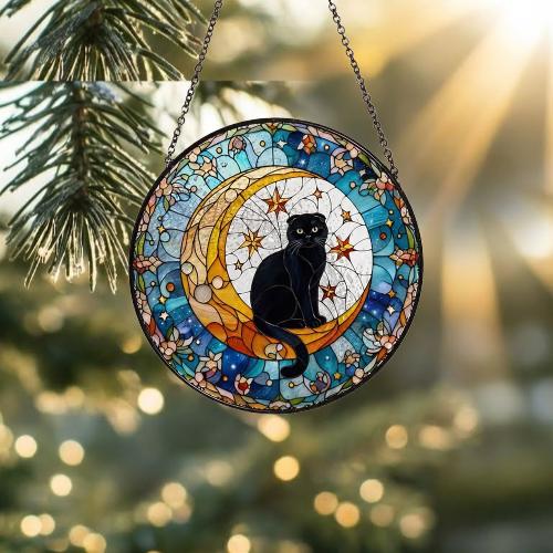 Custom Scottish Fold Cat On Moon Glass Suncatcher: Black Cat Lover Gift - image 2