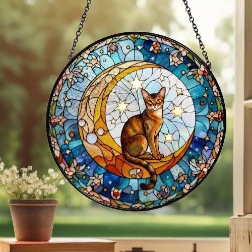 Custom Abyssinian  Cat On Moon Glass Suncatcher: Cat Lover Gift - image 3