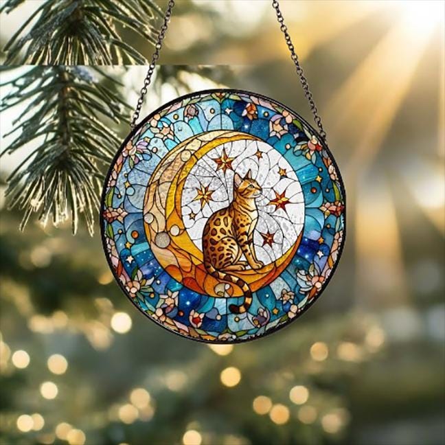 Custom Egyptian Mau Cat On Moon Glass Suncatcher: Cat Lover Gift