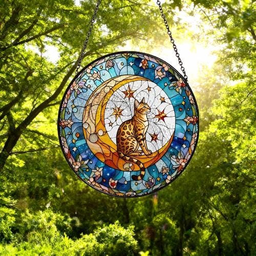 Custom Egyptian Mau Cat On Moon Glass Suncatcher: Cat Lover Gift - image 4