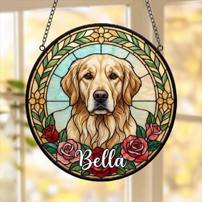 Custom Golden Retriever  Stained Glass Window Hanging, Dog Glass Suncatcher Decor, Stained Glass Window Hanging Decor, Gift For Dog Lover