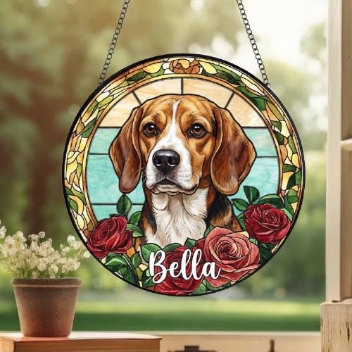 Custom Beagle Stained Glass Window Hanging, Dog Glass Suncatcher Decor, Stained Glass Window Hanging Decor, Gift For Dog Lover - image 3