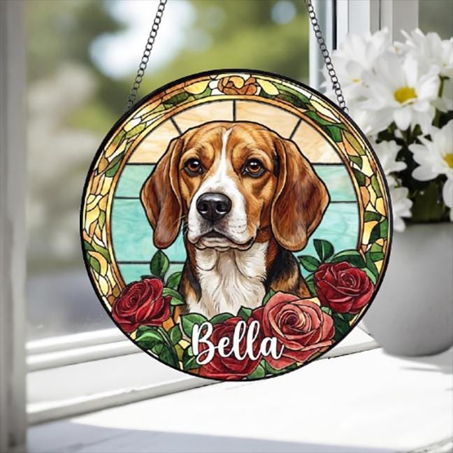 Custom Beagle Stained Glass Window Hanging, Dog Glass Suncatcher Decor, Stained Glass Window Hanging Decor, Gift For Dog Lover