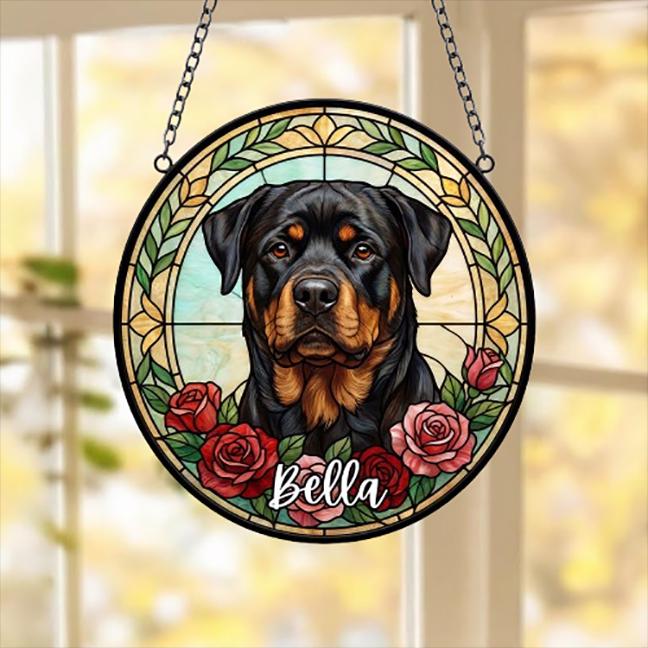 Custom Rottweiler Stained Glass Window Hanging, Dog Glass Suncatcher Decor, Stained Glass Window Hanging Decor, Gift For Dog Lover