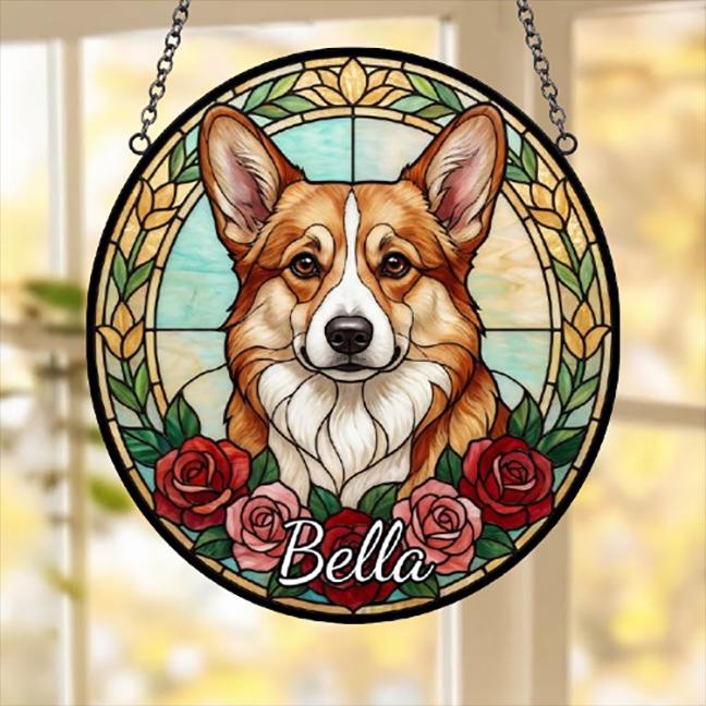 Custom Pembroke Welsh Corgi Stained Glass Window Hanging, Dog Glass Suncatcher Decor, Stained Glass Window Hanging Decor, Gift For Dog Lover