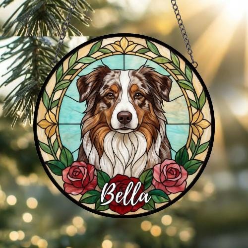Custom Australian Shepherd Stained Glass Window Hanging, Dog Glass Suncatcher Decor, Stained Glass Window Hanging Decor, Gift For Dog Lover - image 2