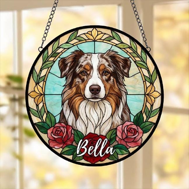 Custom Australian Shepherd Stained Glass Window Hanging, Dog Glass Suncatcher Decor, Stained Glass Window Hanging Decor, Gift For Dog Lover