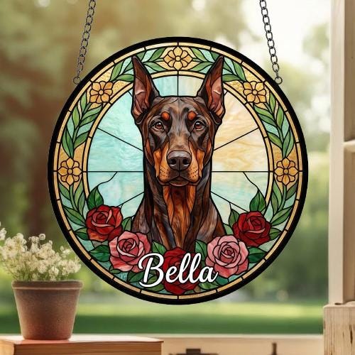 Custom Doberman Pinscher Stained Glass Window Hanging, Dog Glass Suncatcher Decor, Stained Glass Window Hanging Decor, Gift For Dog Lover - image 3