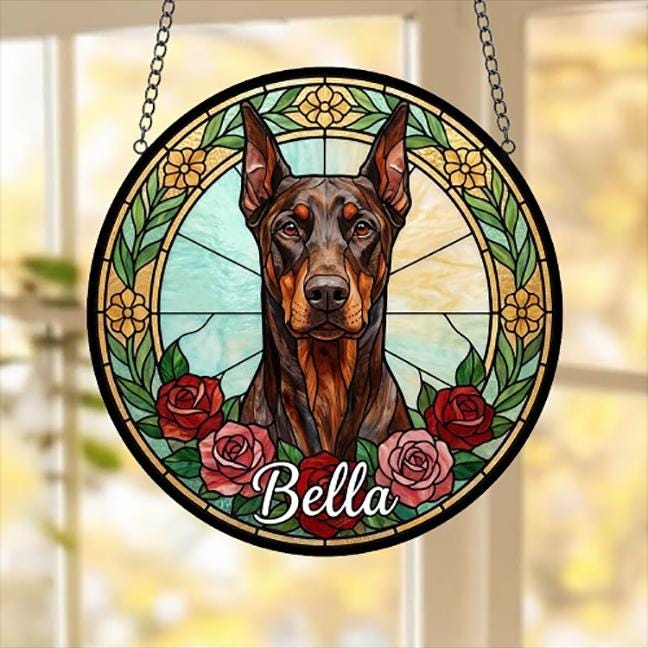 Custom Doberman Pinscher Stained Glass Window Hanging, Dog Glass Suncatcher Decor, Stained Glass Window Hanging Decor, Gift For Dog Lover