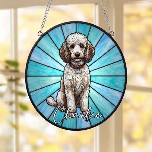 Custom Poodle Window Hanging Suncatcher, Dog Name Suncatcher Decor, Stained Glass Window Hanging Decoration, Gift For Dog Lover