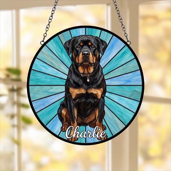 Custom Rottweiler  Window Hanging Suncatcher, Dog Name Suncatcher Decor, Stained Glass Window Hanging Decoration, Gift For Dog Lover