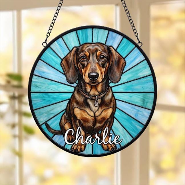 Custom Dachshund Window Hanging Suncatcher, Dog Name Suncatcher Decor, Stained Glass Window Hanging Decoration, Gift For Dog Lover