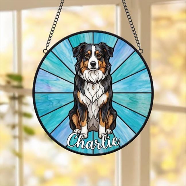 Custom Australian Shepherd Window Hanging Suncatcher, Dog Name Suncatcher Decor, Stained Glass Window Hanging Decoration, Gift For Dog Lover