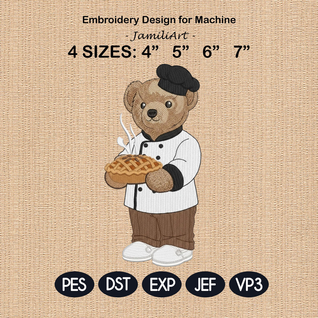Teddy Bear Baker Embroidery Design, Baking and Cooking Bear Embroidery, Pastry Chef Machine File, Stylish Bear, 4 sizes, Digital Download