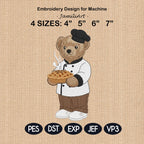 Teddy Bear Baker Embroidery Design, Baking and Cooking Bear Embroidery, Pastry Chef Machine File, Stylish Bear, 4 sizes, Digital Download