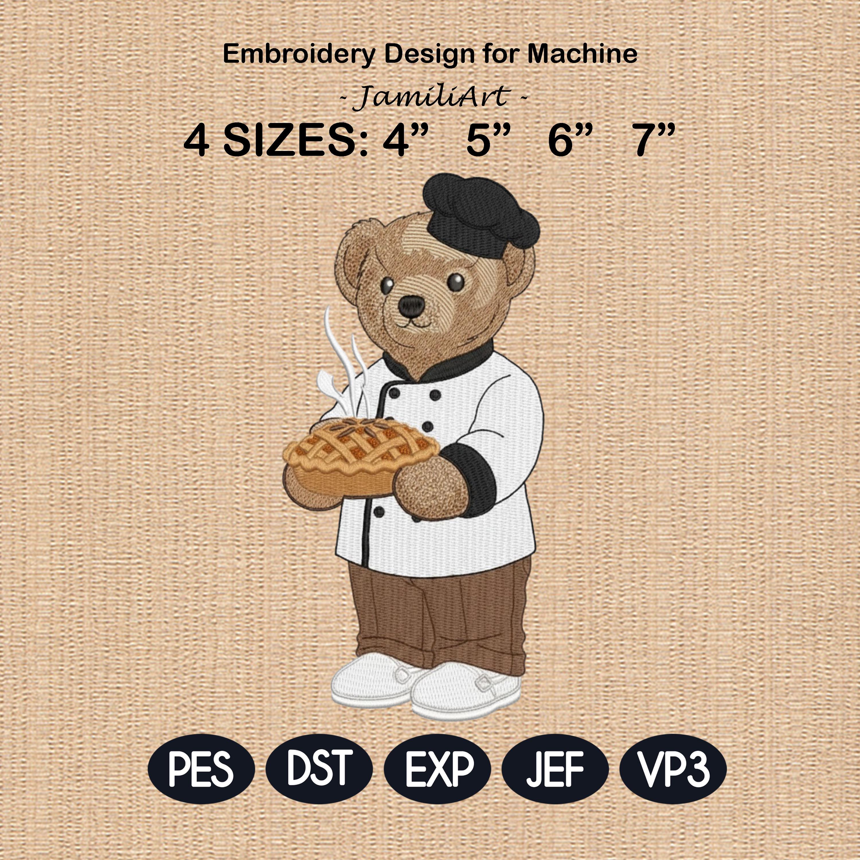Teddy Bear Baker Embroidery Design, Baking and Cooking Bear Embroidery, Pastry Chef Machine File, Stylish Bear, 4 sizes, Digital Download