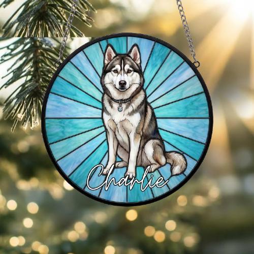 Custom Siberian Husky Window Hanging Suncatcher, Dog Name Suncatcher Decor, Stained Glass Window Hanging Decoration, Gift For Dog Lover - image 2