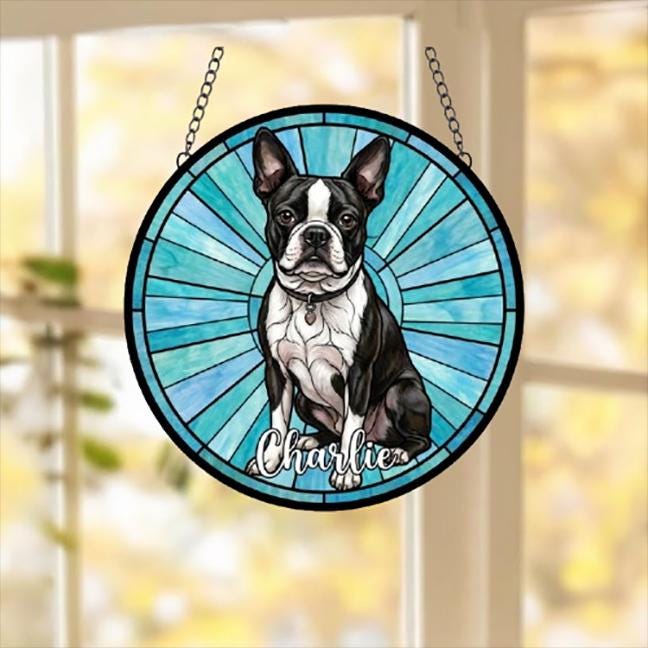 Custom Boston Terrier Window Hanging Suncatcher, Dog Name Suncatcher Decor, Stained Glass Window Hanging Decoration, Gift For Dog Lover