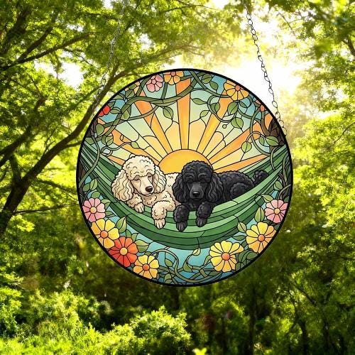 Custom Couple Poodle  Glass Suncatcher, Poodle  Mom Window Hanging, Wiener Dog Sun Catcher, Pet Lover Gift - image 3