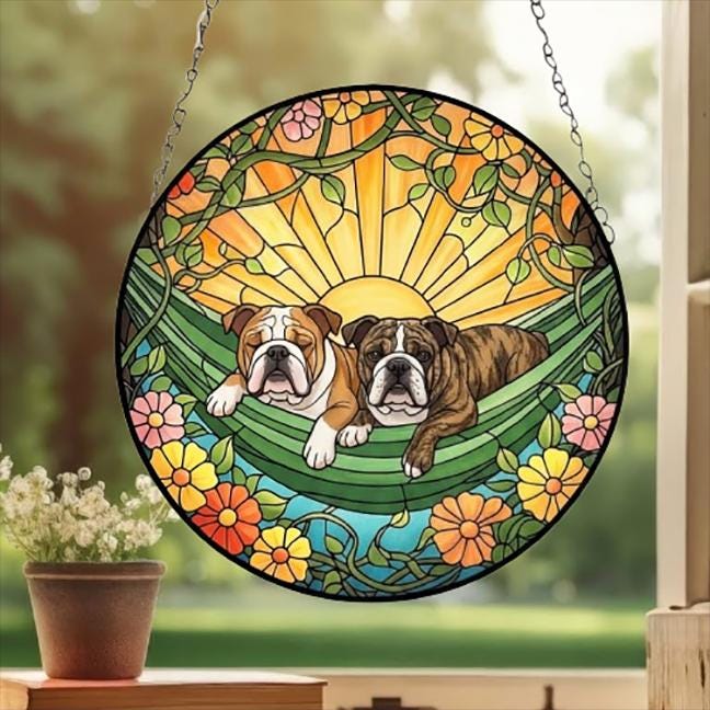 Custom Couple Bulldog  Glass Suncatcher, Bulldog Mom Window Hanging, Wiener Dog Sun Catcher, Pet Lover Gift