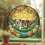 Custom Couple Bulldog  Glass Suncatcher, Bulldog Mom Window Hanging, Wiener Dog Sun Catcher, Pet Lover Gift