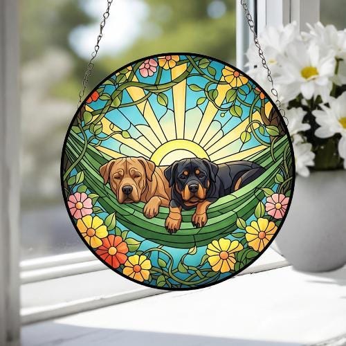 Custom Couple Rottweiler  Glass Suncatcher, Rottweiler  Mom Window Hanging, Wiener Dog Sun Catcher, Pet Lover Gift - image 3