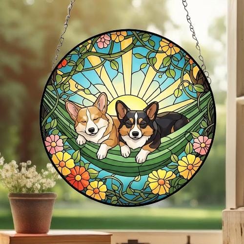 Custom Couple Pembroke Welsh Corgi Glass Suncatcher, Pembroke Welsh Corgi Mom Window Hanging, Wiener Dog Sun Catcher, Pet Lover Gift - image 2