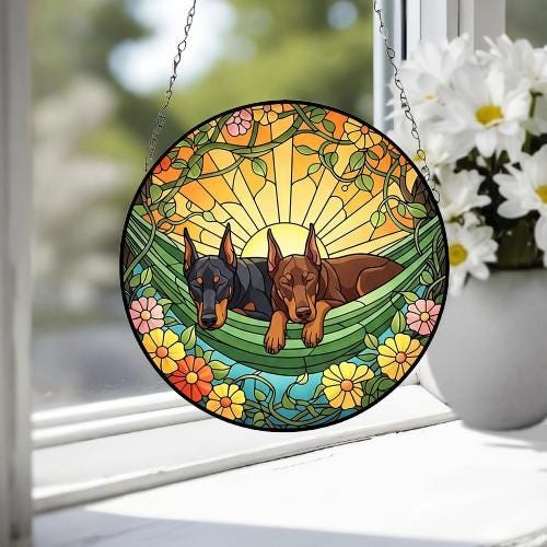 Custom Couple Doberman Pinscher Glass Suncatcher, Doberman Pinscher Mom Window Hanging, Wiener Dog Sun Catcher, Pet Lover Gift - image 2