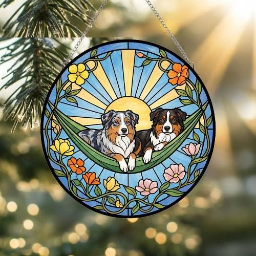 Custom Couple australian shepherd dog  Glass Suncatcher, australian shepherd dog  Mom Window Hanging, Wiener Dog Sun Catcher, Pet Lover Gift - image 2