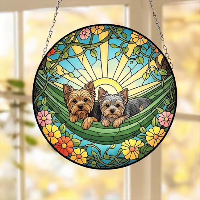 Custom Couple Yorkshire Terrier Glass Suncatcher, Yorkshire Terrier dog Mom Window Hanging, Wiener Dog Sun Catcher, Pet Lover Gift