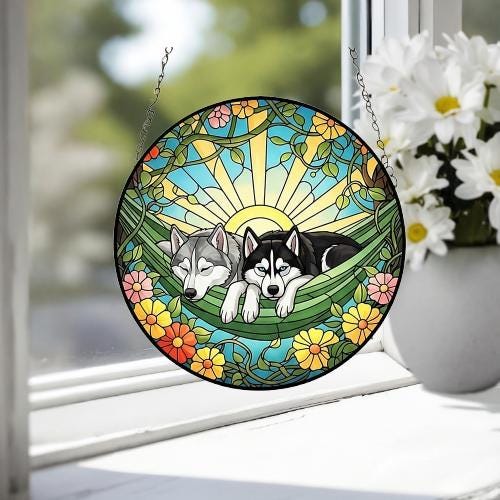 Custom Couple Siberian Husky Glass Suncatcher, Siberian Husky dog Mom Window Hanging, Wiener Dog Sun Catcher, Pet Lover Gift - image 4